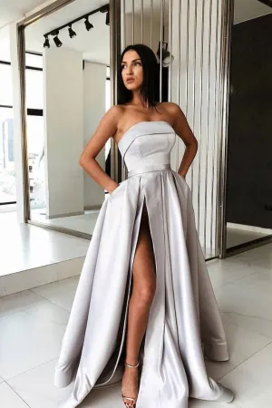 Simple gray satin long prom dress, gray evening dress