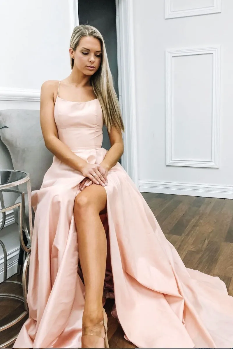 Simple pink satin long prom dress, pink evening dress