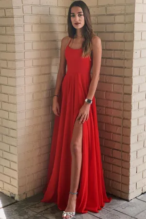 Simple red chiffon long prom dress, red evening dress
