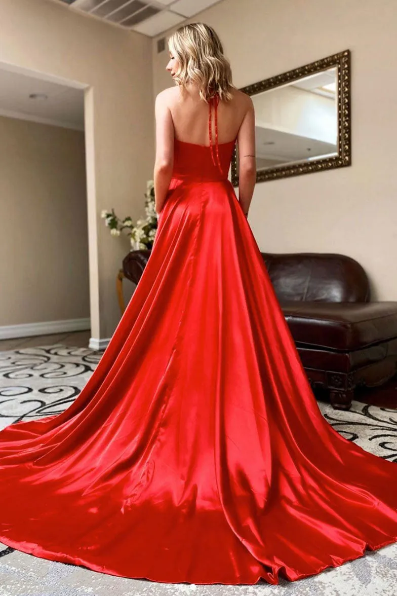 Simple red v neck satin long prom dress red evening dress