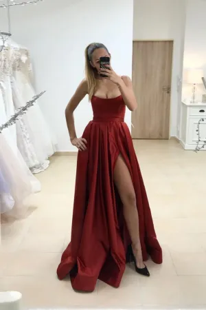 Simple satin burgundy long prom dress burgundy evening dress