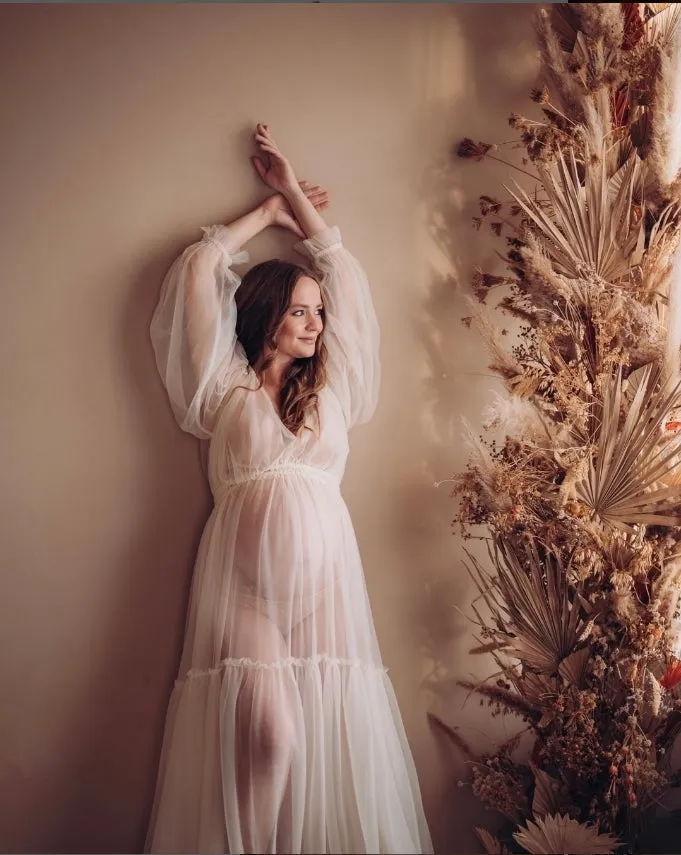 Simple Style Long Sleeve Soft Tulle Dress Woman Maxi Photo Shoot Dresses YW231005