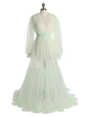 Simple Style Long Sleeve Soft Tulle Dress Woman Maxi Photo Shoot Dresses YW231005