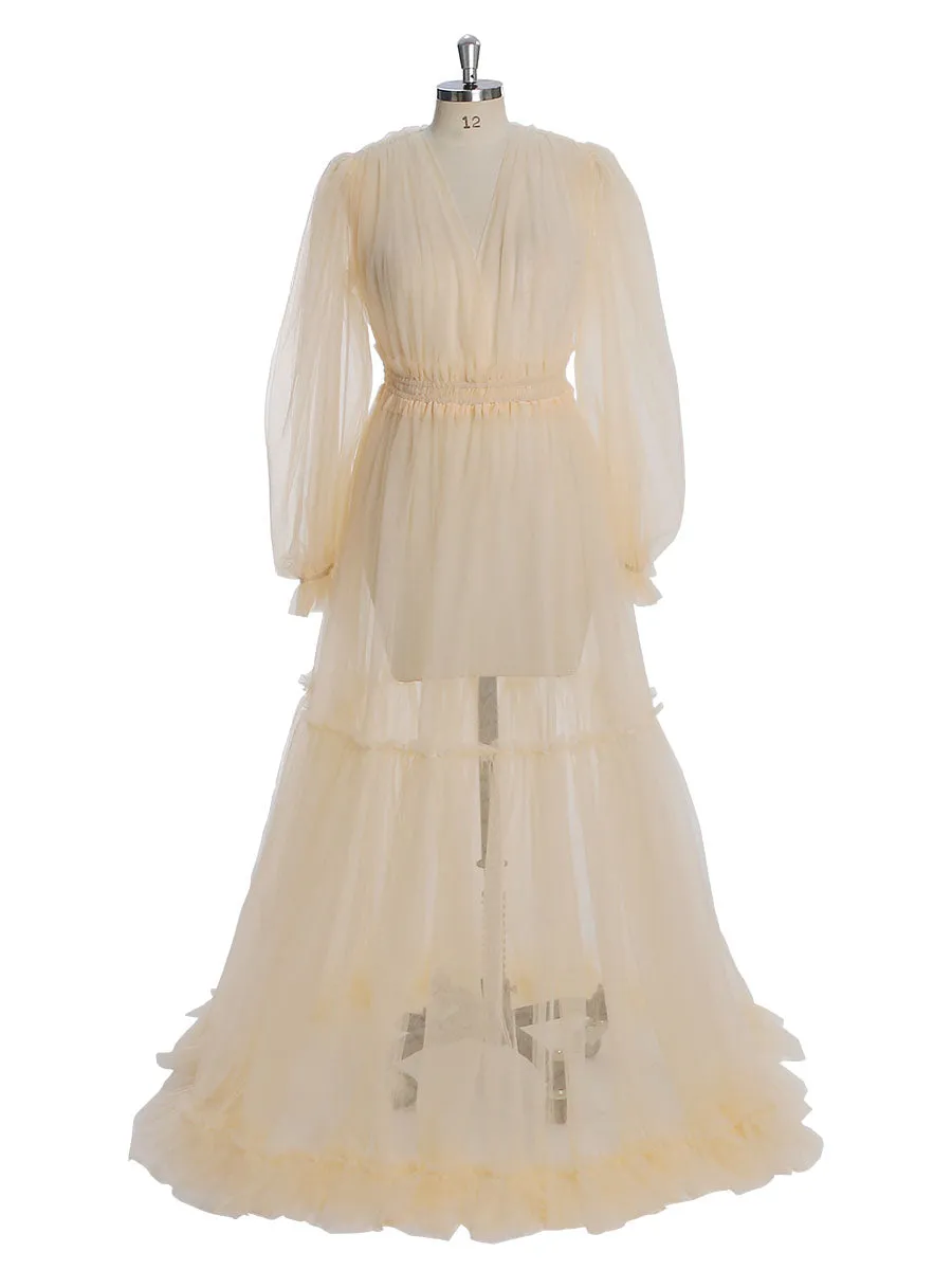 Simple Style Long Sleeve Soft Tulle Dress Woman Maxi Photo Shoot Dresses YW231005