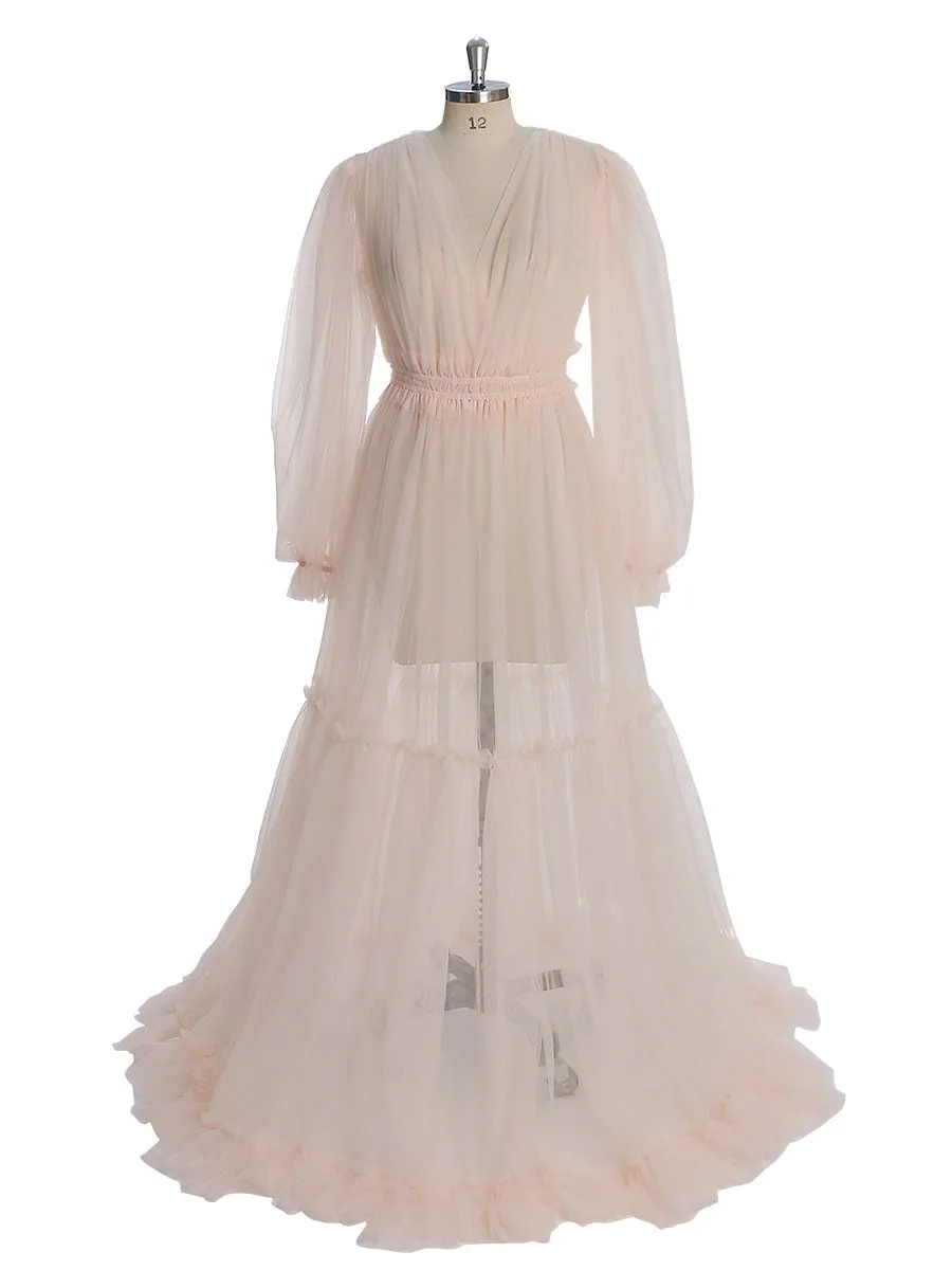 Simple Style Long Sleeve Soft Tulle Dress Woman Maxi Photo Shoot Dresses YW231005