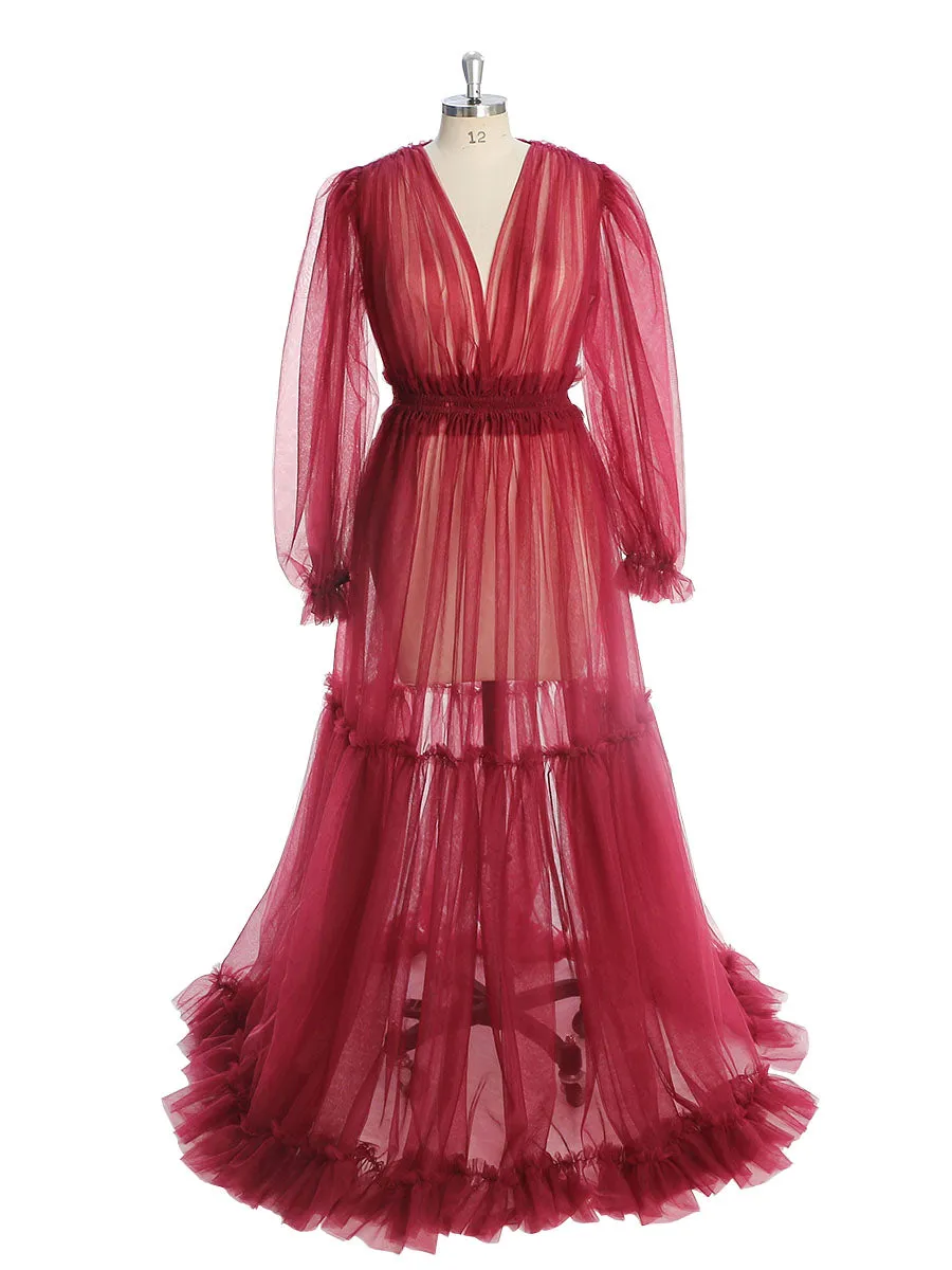 Simple Style Long Sleeve Soft Tulle Dress Woman Maxi Photo Shoot Dresses YW231005