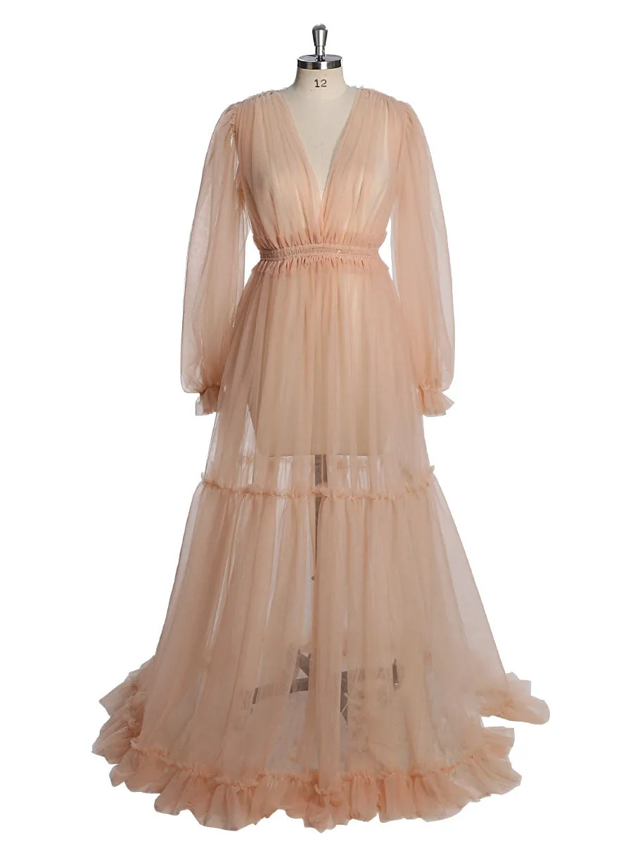 Simple Style Long Sleeve Soft Tulle Dress Woman Maxi Photo Shoot Dresses YW231005