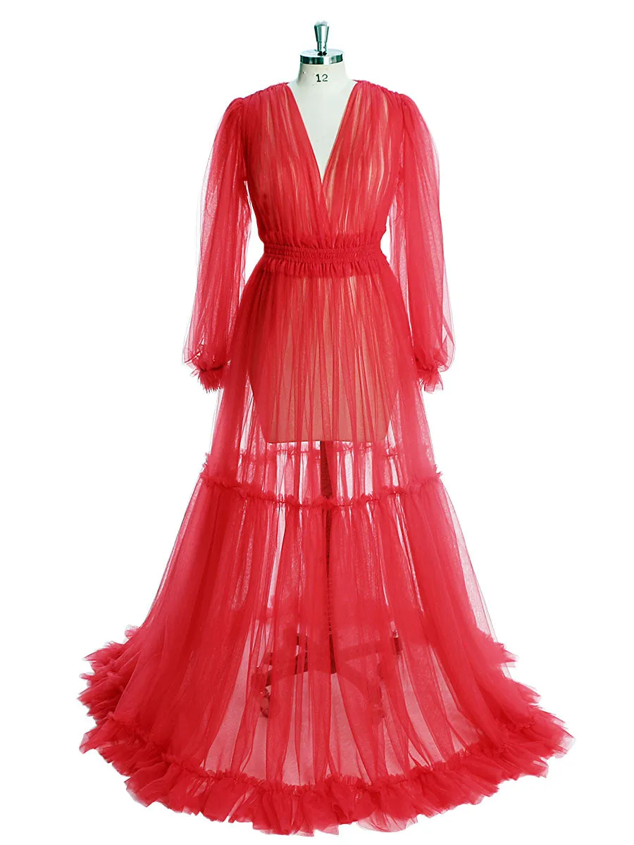 Simple Style Long Sleeve Soft Tulle Dress Woman Maxi Photo Shoot Dresses YW231005