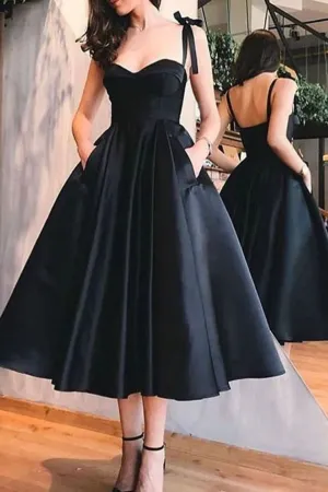 Simple sweetheart satin black prom dress, black homecoming dress