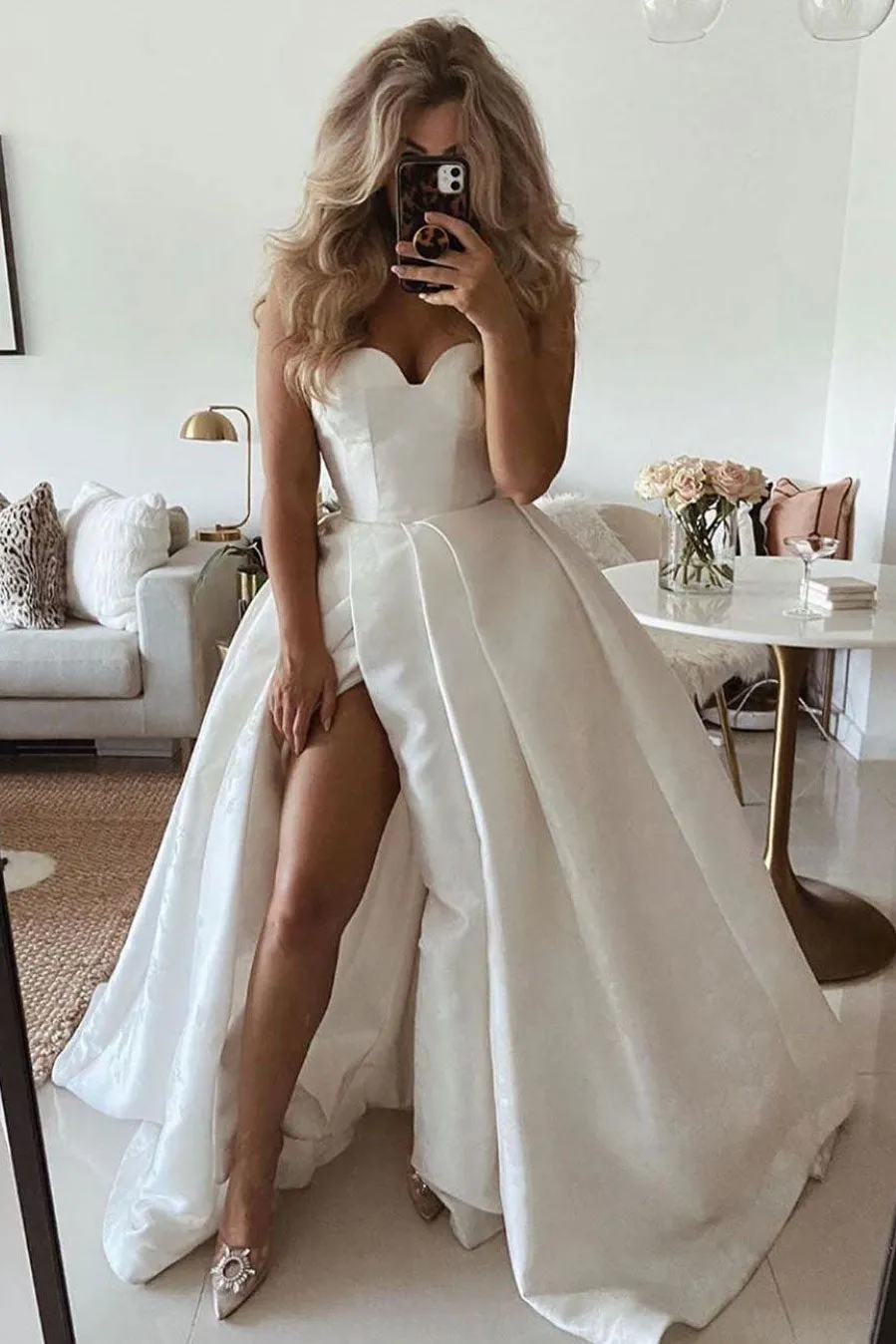 Simple sweetheart white satin long prom dress white evening dress