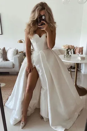 Simple sweetheart white satin long prom dress white evening dress