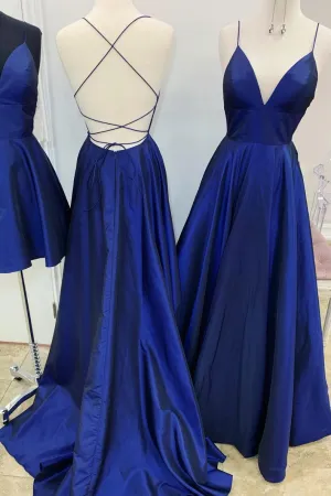 Simple v neck blue satin long prom dress blue evening dress