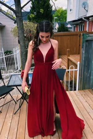 Simple v neck chiffon burgundy long prom dress, burgundy evening dress