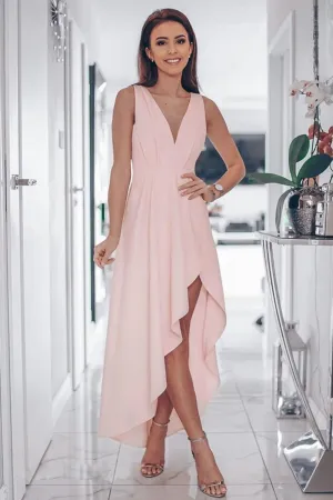 Simple v neck pink satin long prom dress, pink evening dress