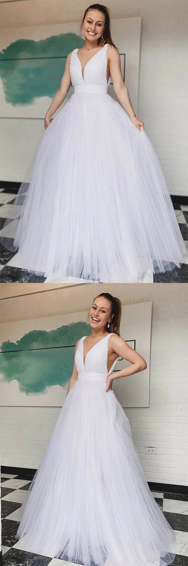Simple v neck white tulle long prom dress white long evening dress