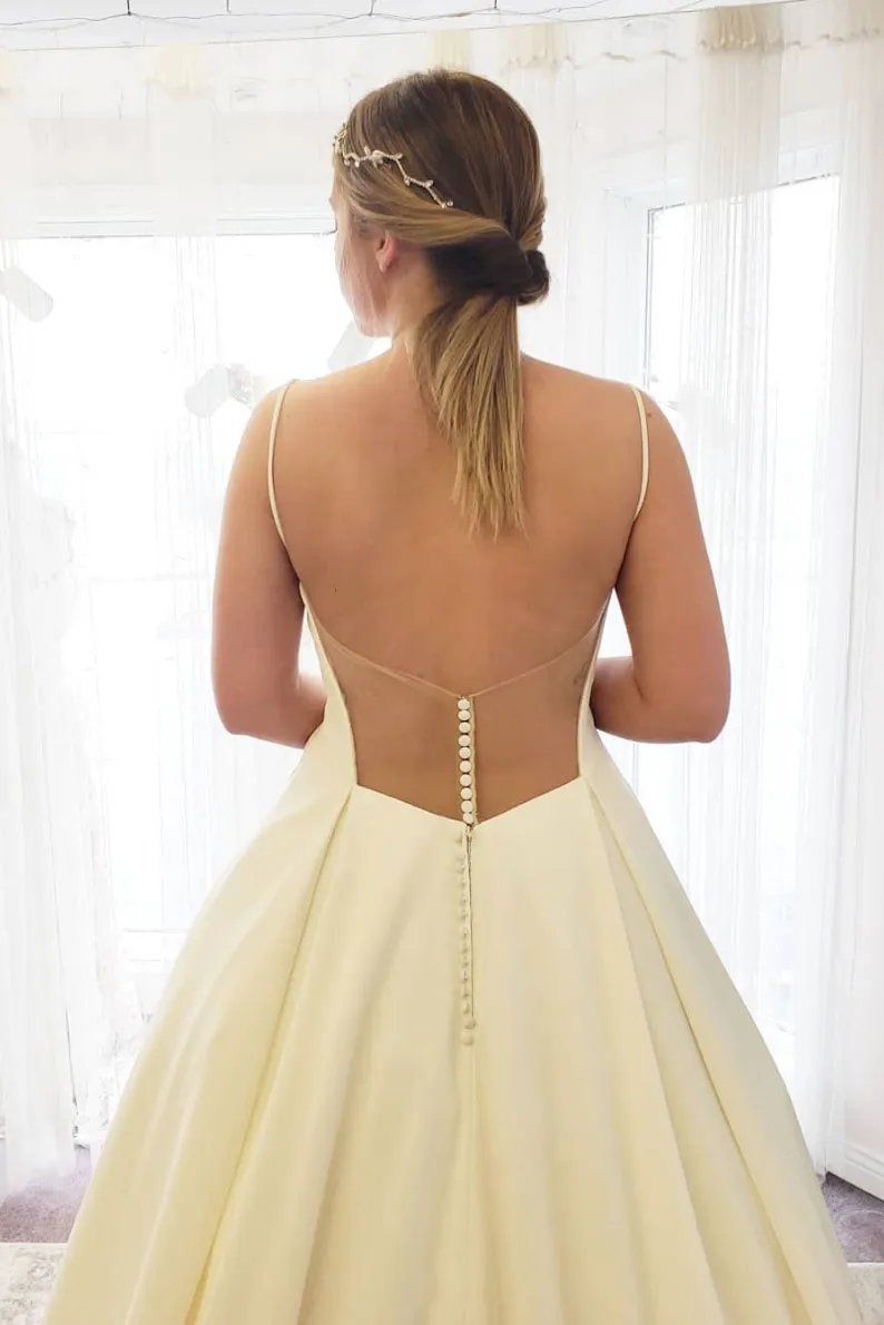 Simple white satin long prom dress, white evening dress