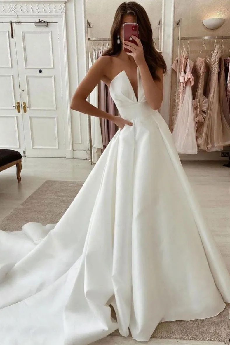 Simple white satin long prom dress white evening dress