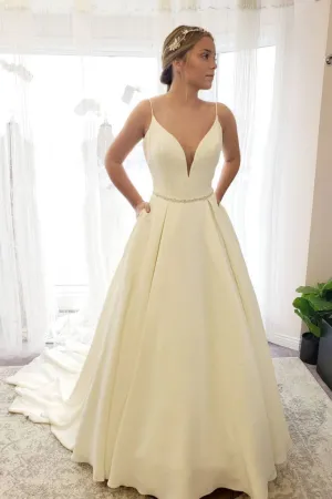 Simple white satin long prom dress, white evening dress