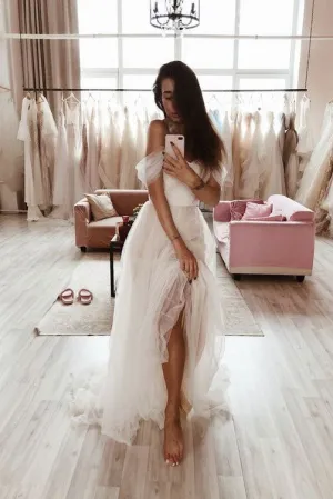 Simple white tulle long prom dress, tulle evening dress