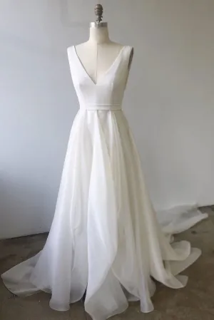 Simple white v neck tulle long prom dress, white evening dress