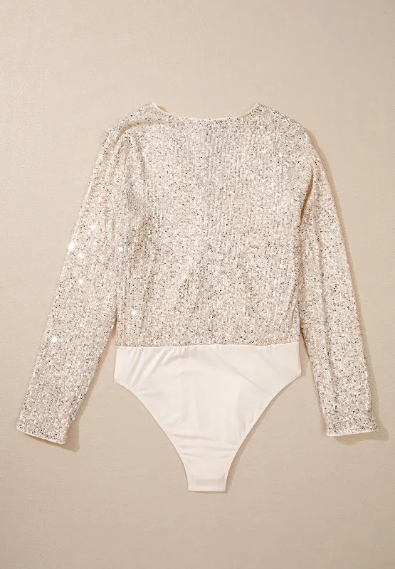 Size Small Ivory Sequin Surplice Long Sleeve Bodysuit
