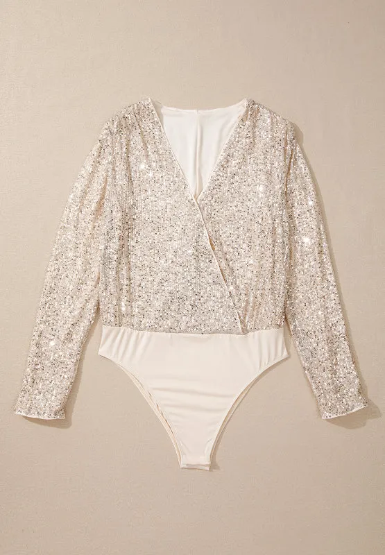 Size Small Ivory Sequin Surplice Long Sleeve Bodysuit