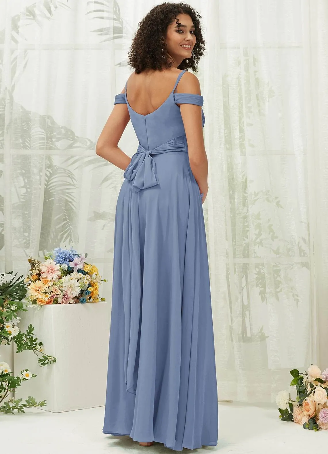 Slate Blue Sweetheart Chiffon Convertible Bridesmaid Dress Pocket