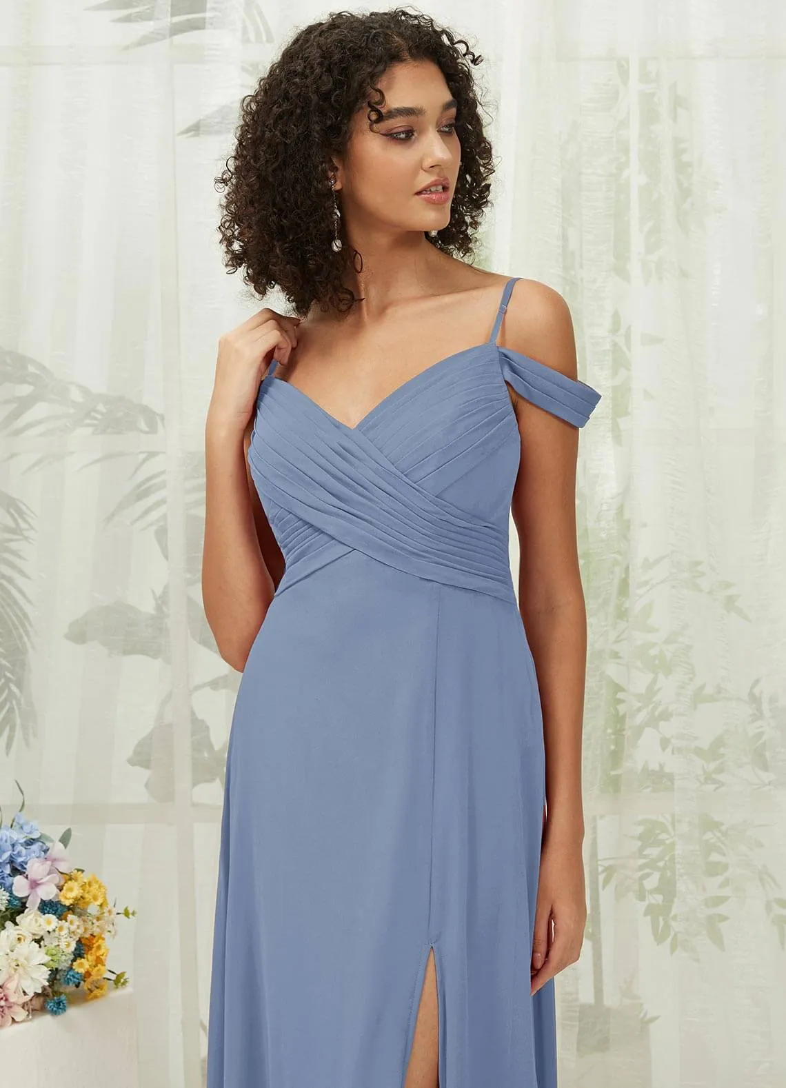 Slate Blue Sweetheart Chiffon Convertible Bridesmaid Dress Pocket