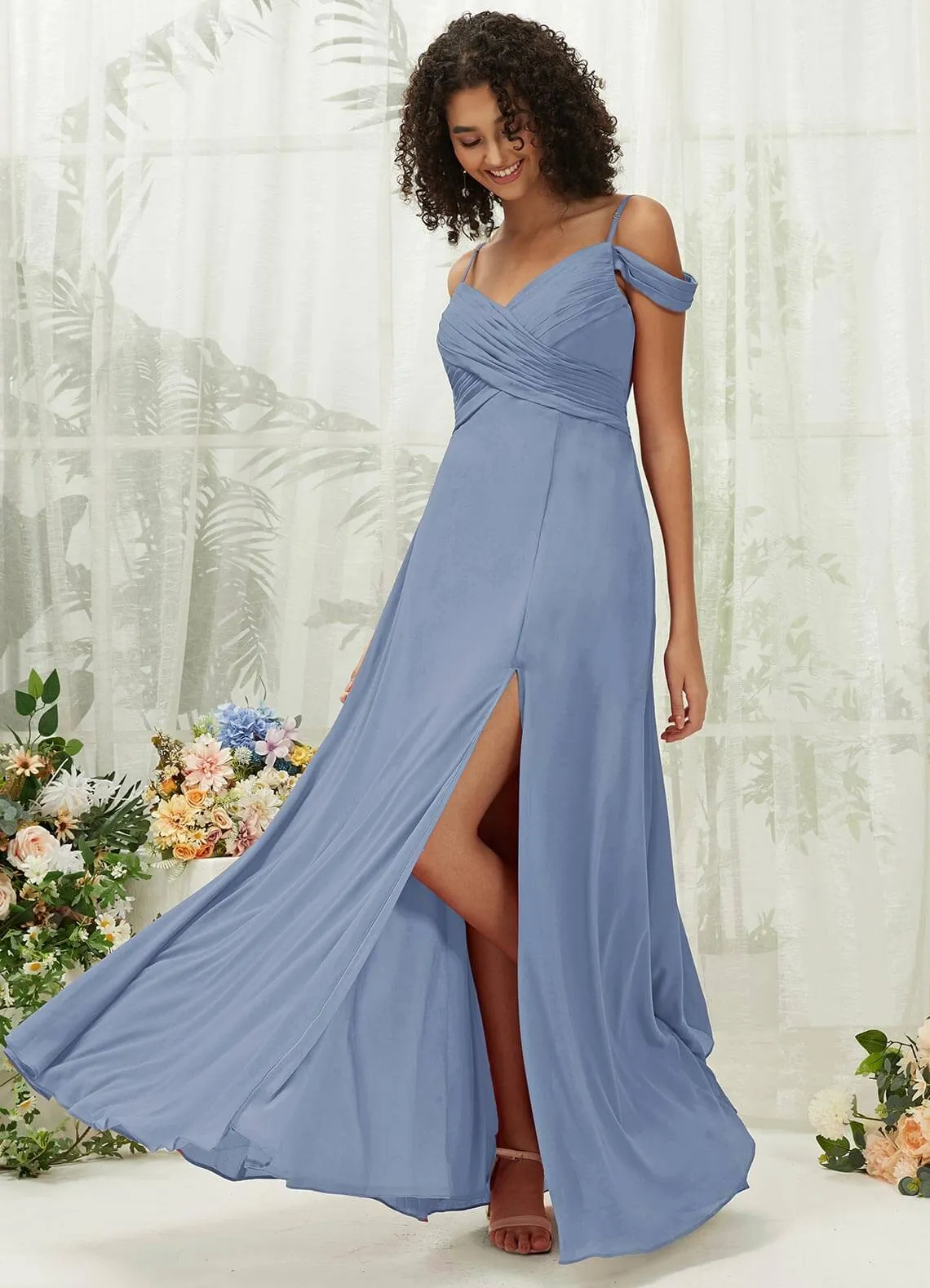 Slate Blue Sweetheart Chiffon Convertible Bridesmaid Dress Pocket