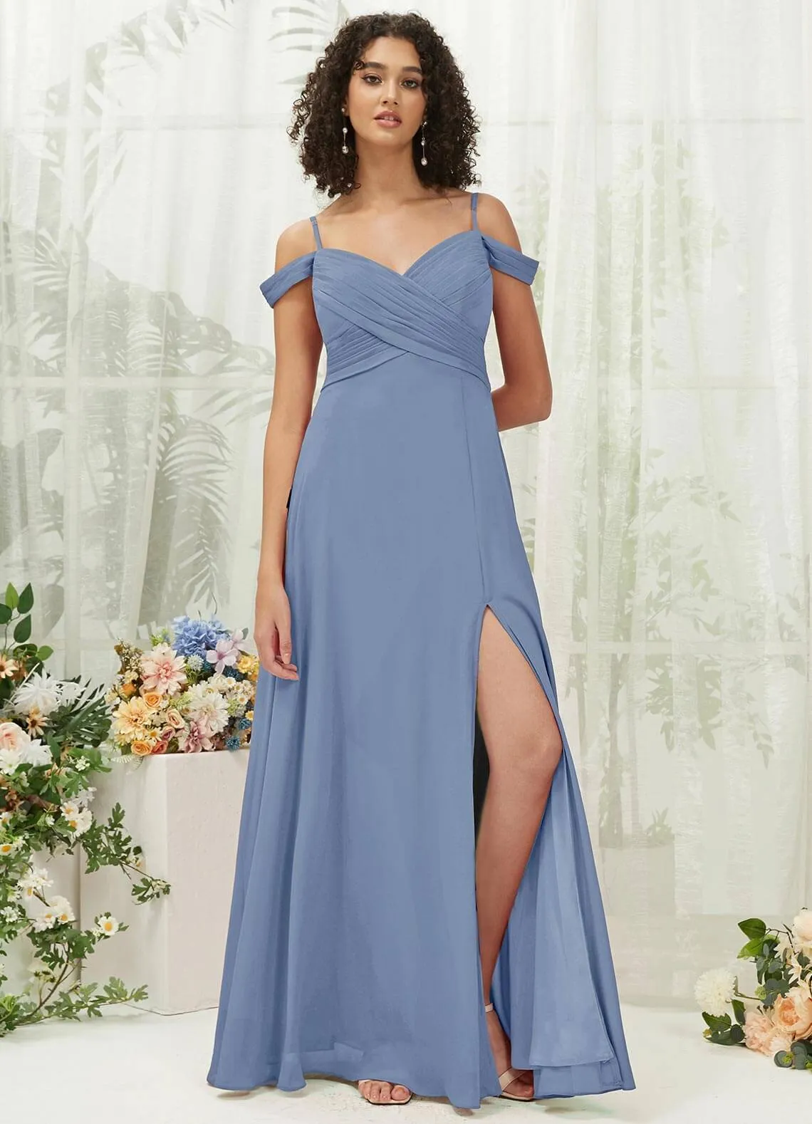Slate Blue Sweetheart Chiffon Convertible Bridesmaid Dress Pocket