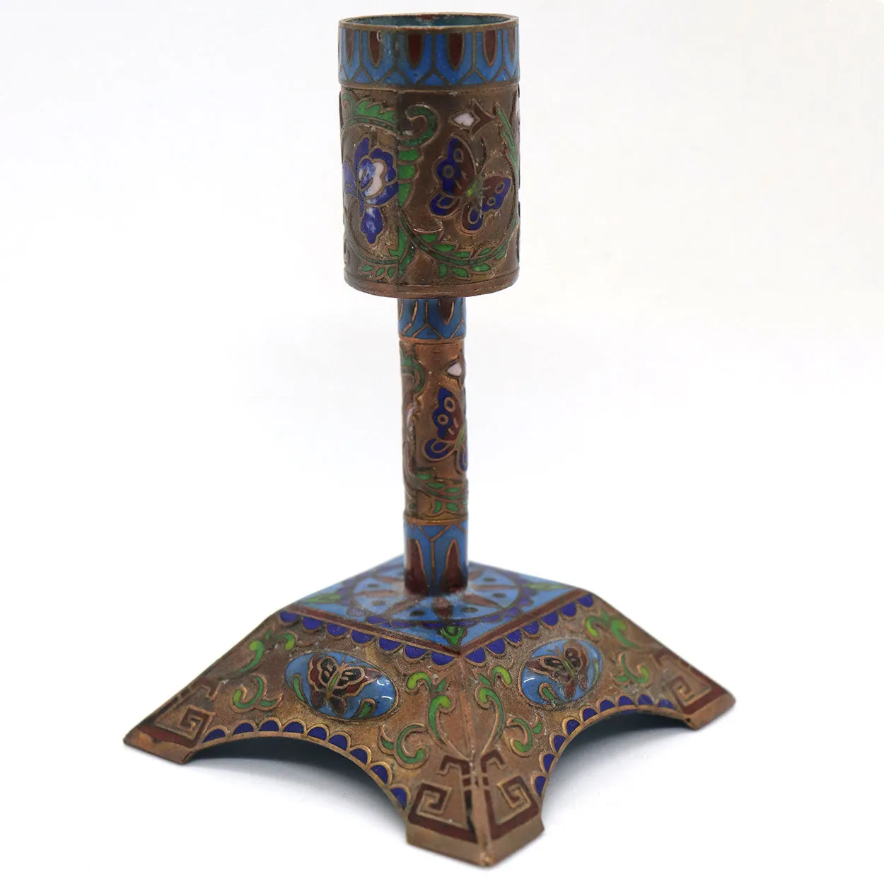 Small Chinese Cloisonne Enamel Brass Mounted Butterfly Candlestick