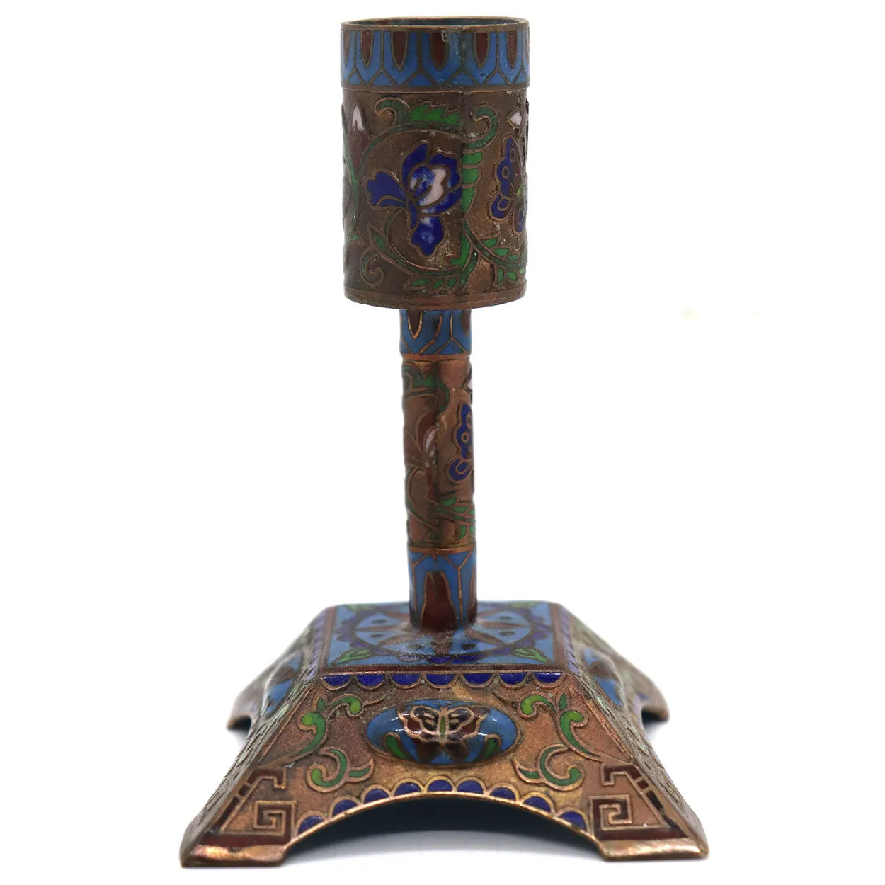 Small Chinese Cloisonne Enamel Brass Mounted Butterfly Candlestick