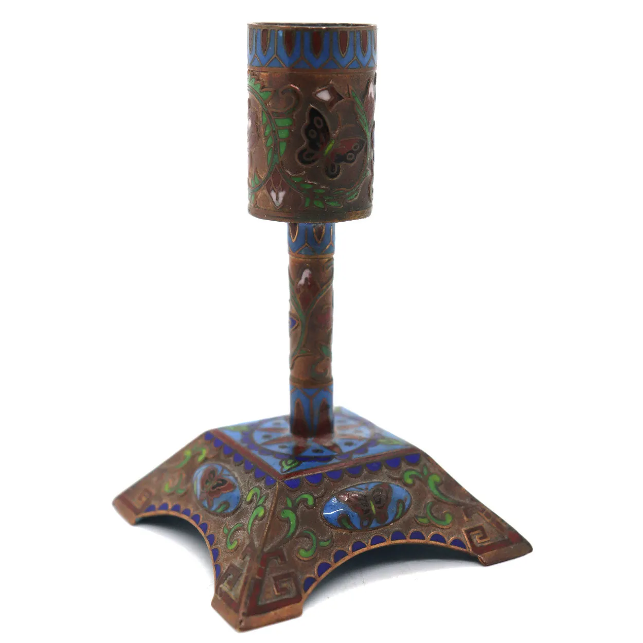 Small Chinese Cloisonne Enamel Brass Mounted Butterfly Candlestick