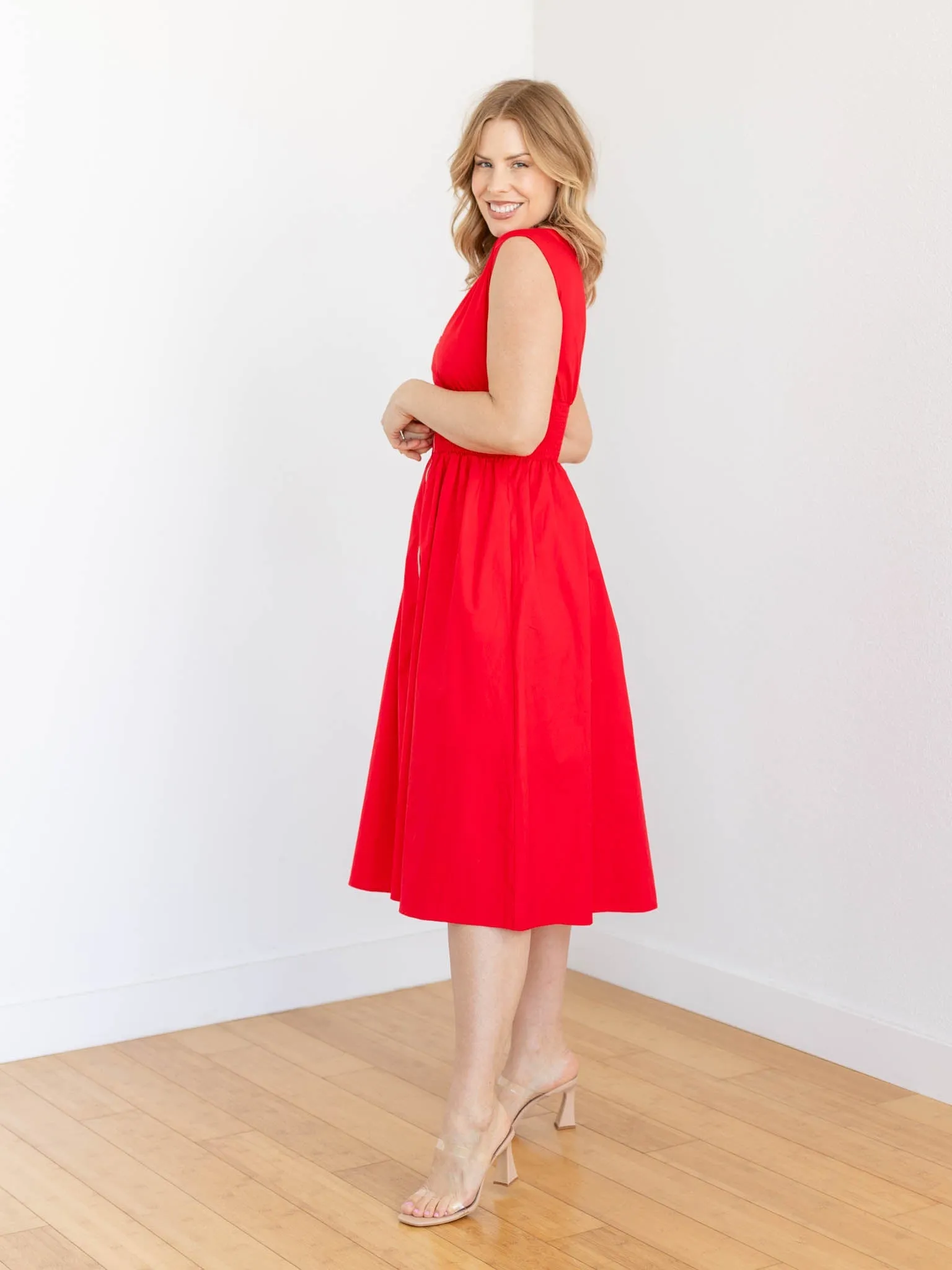 Smocked Waist Drop Shoulder Midi Dress