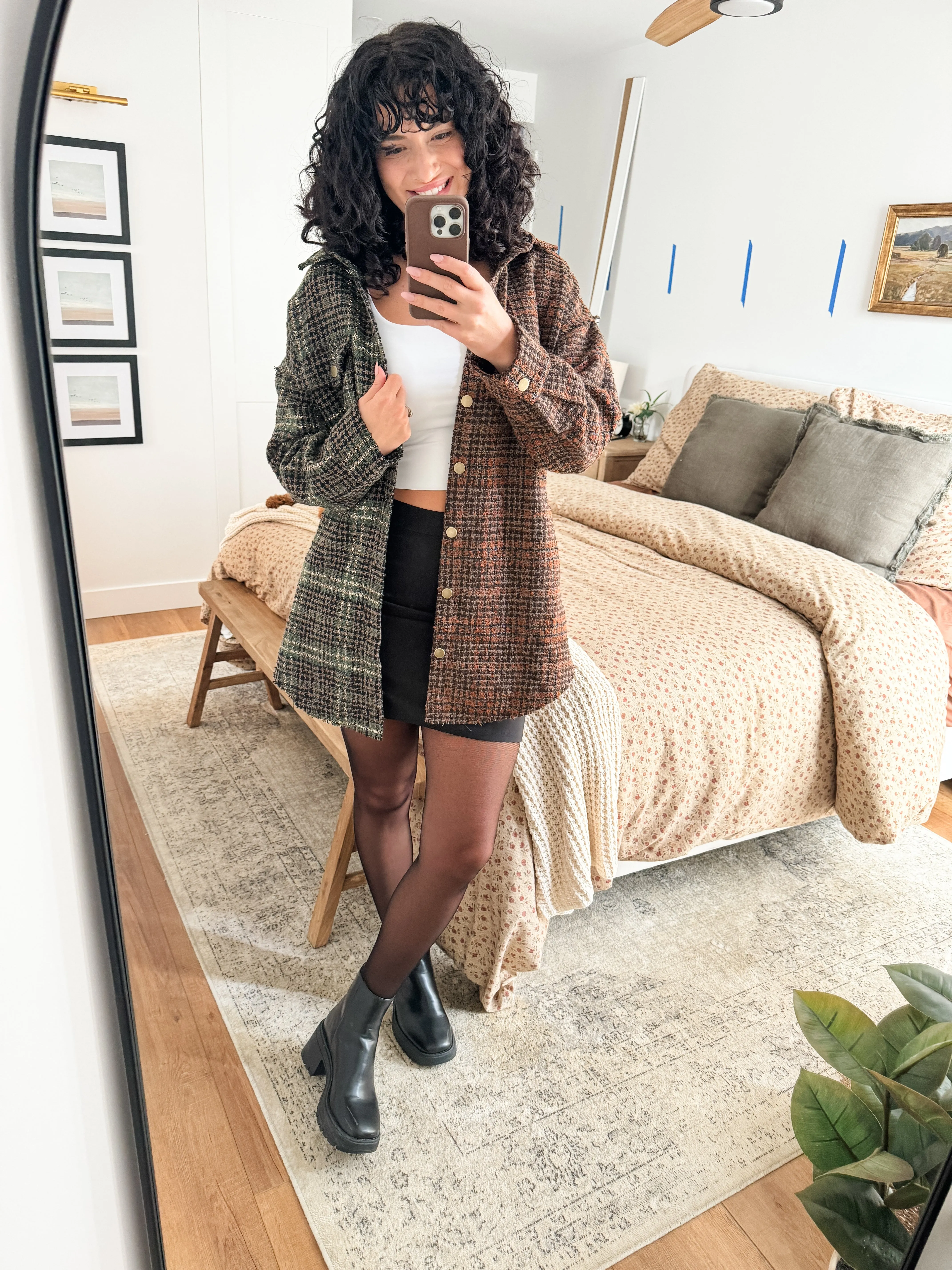 Snap Down Tweed Plaid Contrast  Longline Shacket
