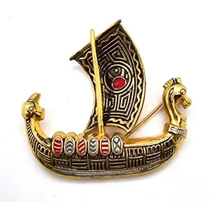 Spanish Galleon Ship Damascene sailing war ship vintage gold toned brooch