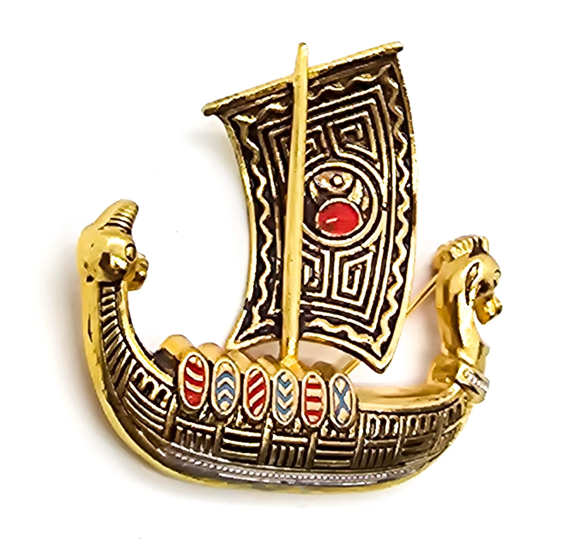 Spanish Galleon Ship Damascene sailing war ship vintage gold toned brooch