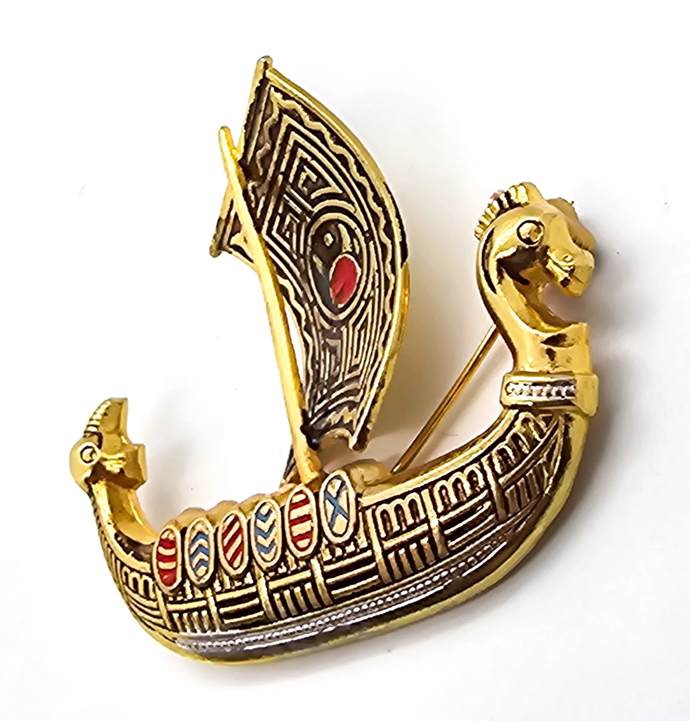 Spanish Galleon Ship Damascene sailing war ship vintage gold toned brooch