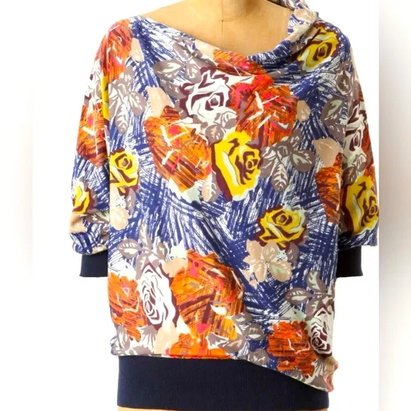 Sparrow Floral Autumn Leaves Asymmetrical Banded Hem Top Sweater L ANTHROPOLOGIE