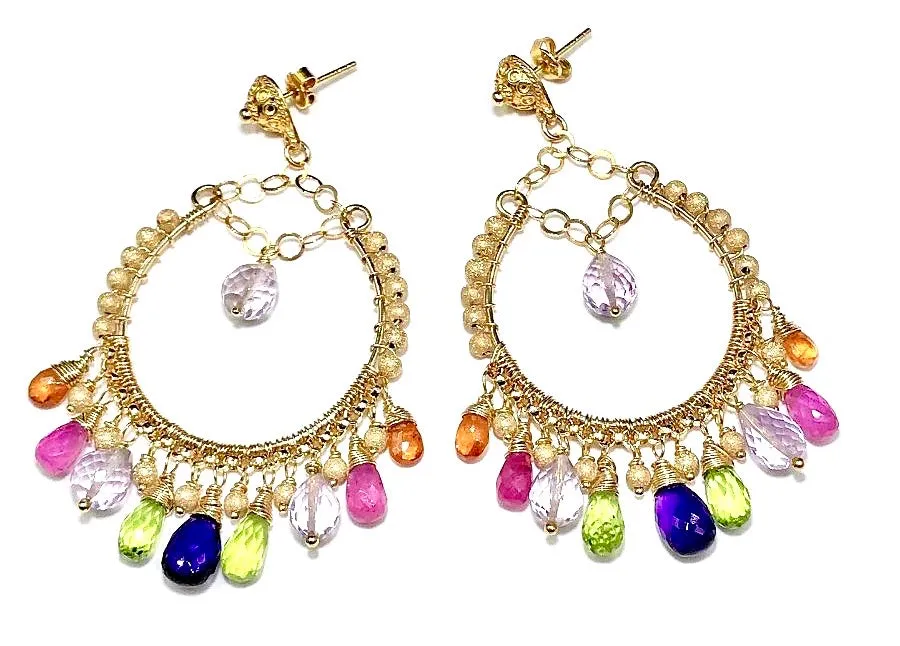 Statement Gemstone Hoop Earrings Gold Pink Sapphire