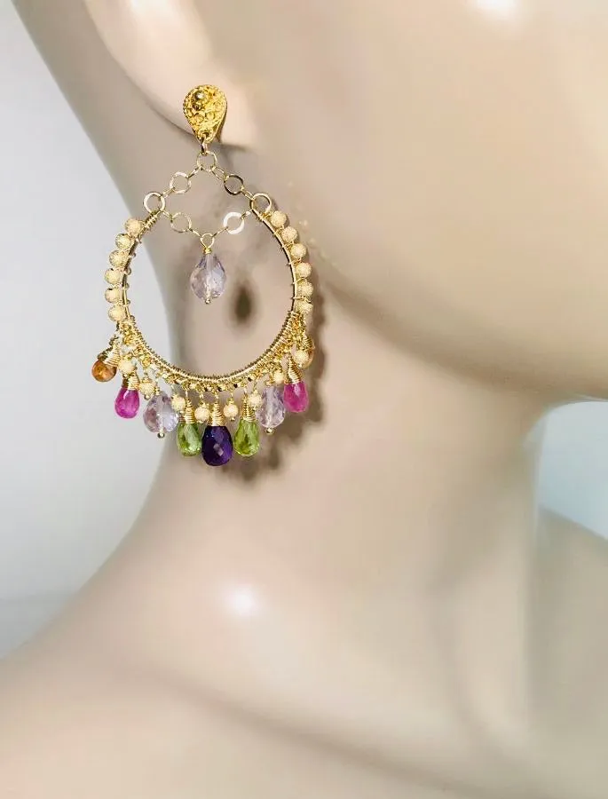 Statement Gemstone Hoop Earrings Gold Pink Sapphire