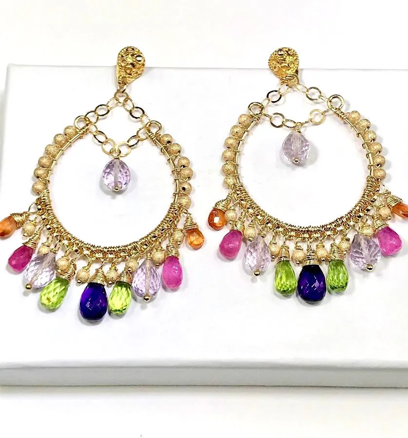 Statement Gemstone Hoop Earrings Gold Pink Sapphire