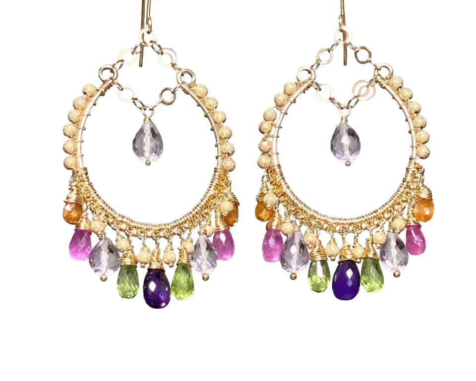 Statement Gemstone Hoop Earrings Gold Pink Sapphire
