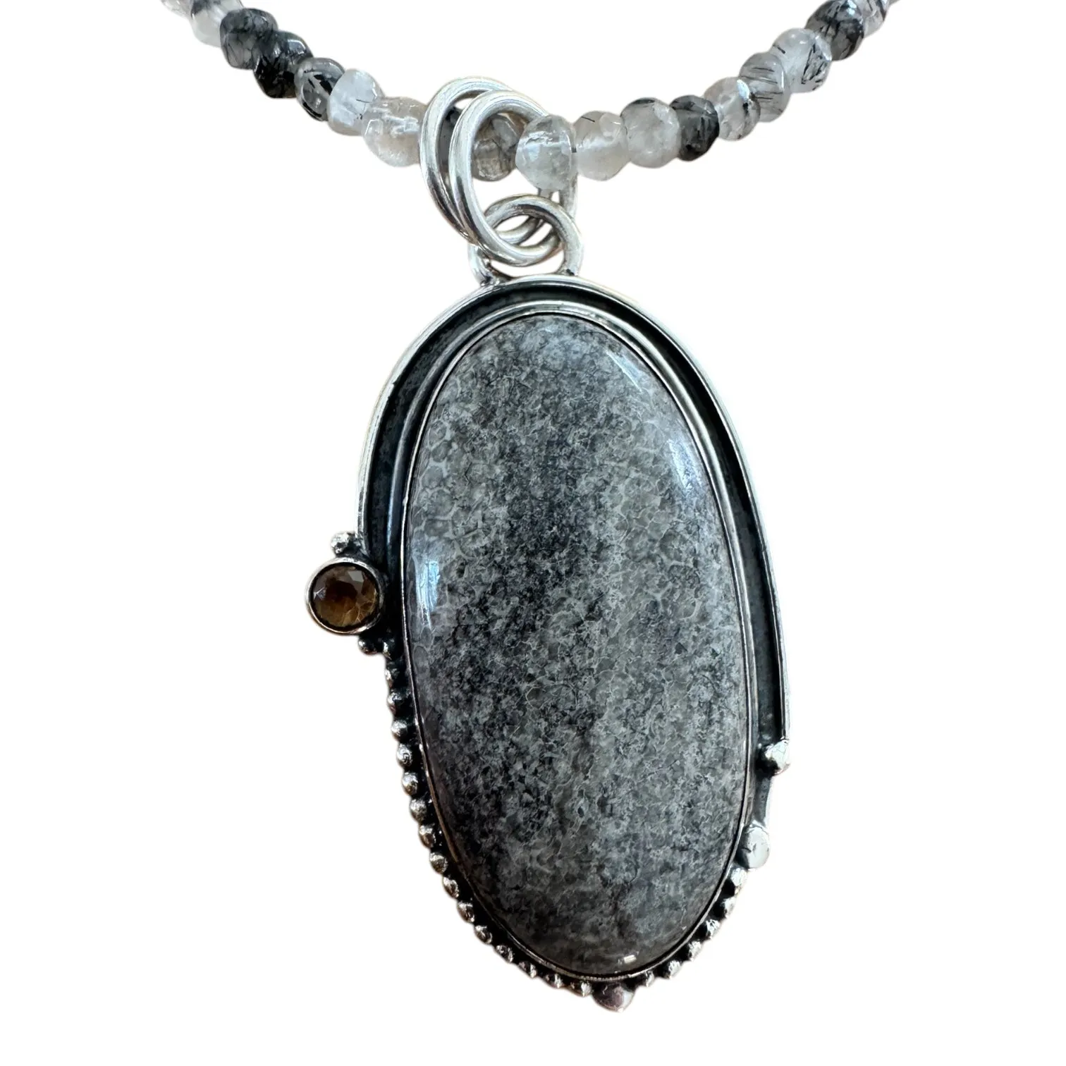 Stingray Coral & Rutilated Quartz Solid 925 Sterling Silver Pendant Necklace