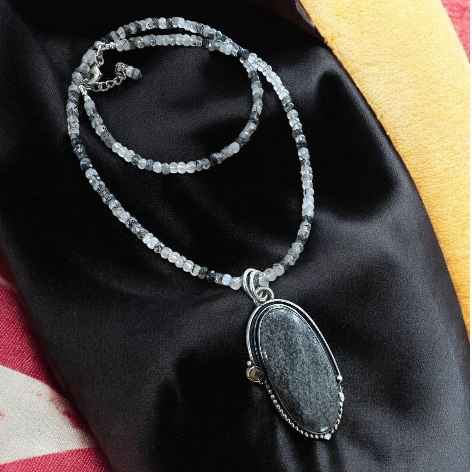 Stingray Coral & Rutilated Quartz Solid 925 Sterling Silver Pendant Necklace
