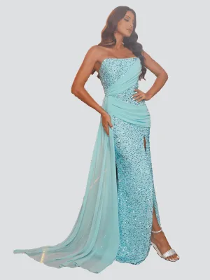 Strapless Draped High Slit Blue Sequin Prom Dress RJ10712