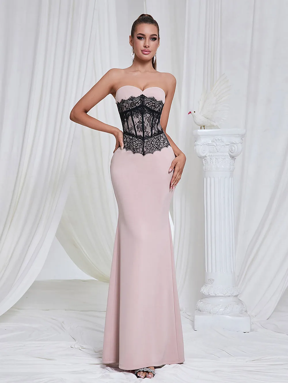 Strapless Sleeveless Lace Maxi Bodycon Dress HB10189