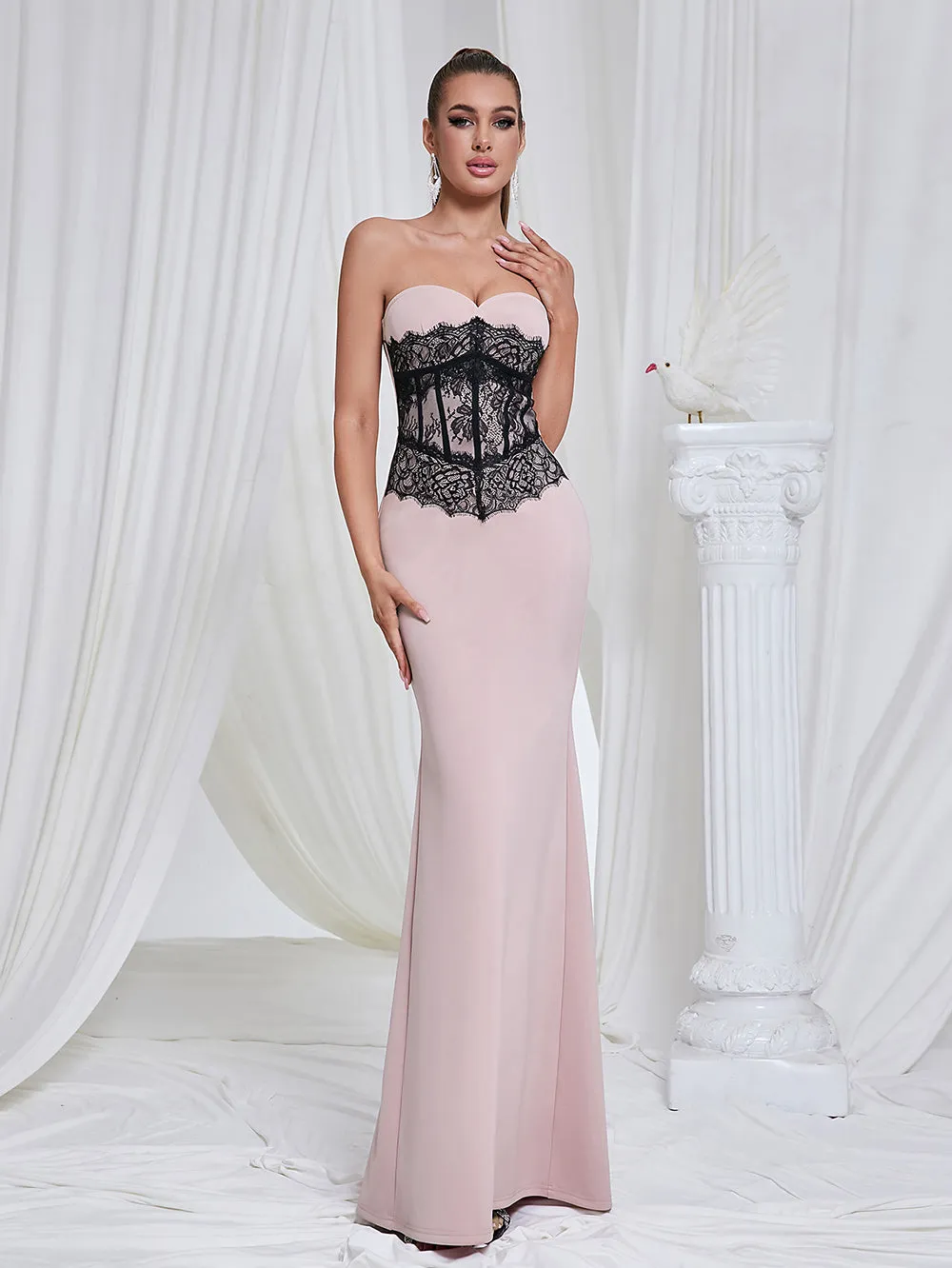 Strapless Sleeveless Lace Maxi Bodycon Dress HB10189