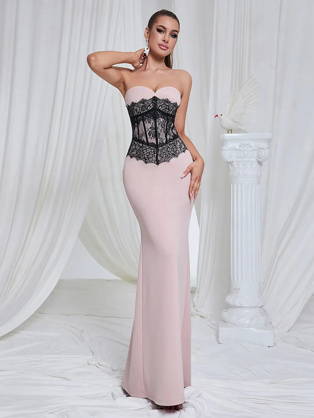 Strapless Sleeveless Lace Maxi Bodycon Dress HB10189