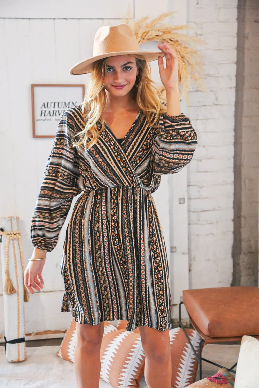 Stripe Floral Surplice Elastic Waist Dress